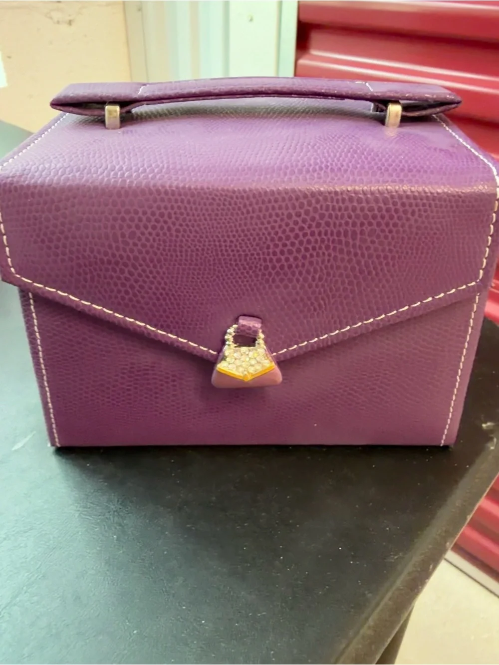 Purple Faux Lizard Skin Jewelry Box with Rhinestone Clasp